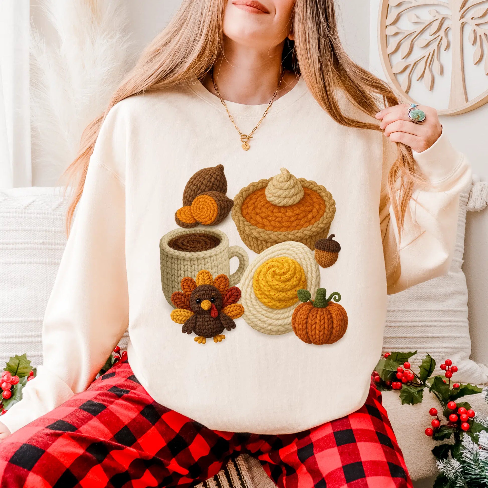 Knitted Thanksgiving Sweater: Cute Pumpkin Pie, Turkey, & Fall Vibes Design. Holiday Outfit.