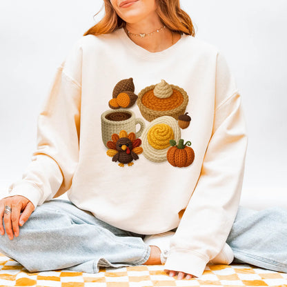 Thanksgiving Sweatshirt: Knitted Pumpkin Pie, Turkey, & Fall Vibes - Cozy Holiday Fashion