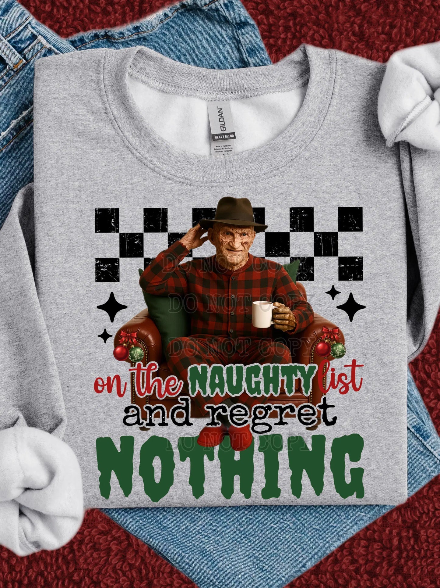 Funny Christmas Sweatshirt: Freddy Krueger on the Naughty List - Holiday Crewneck