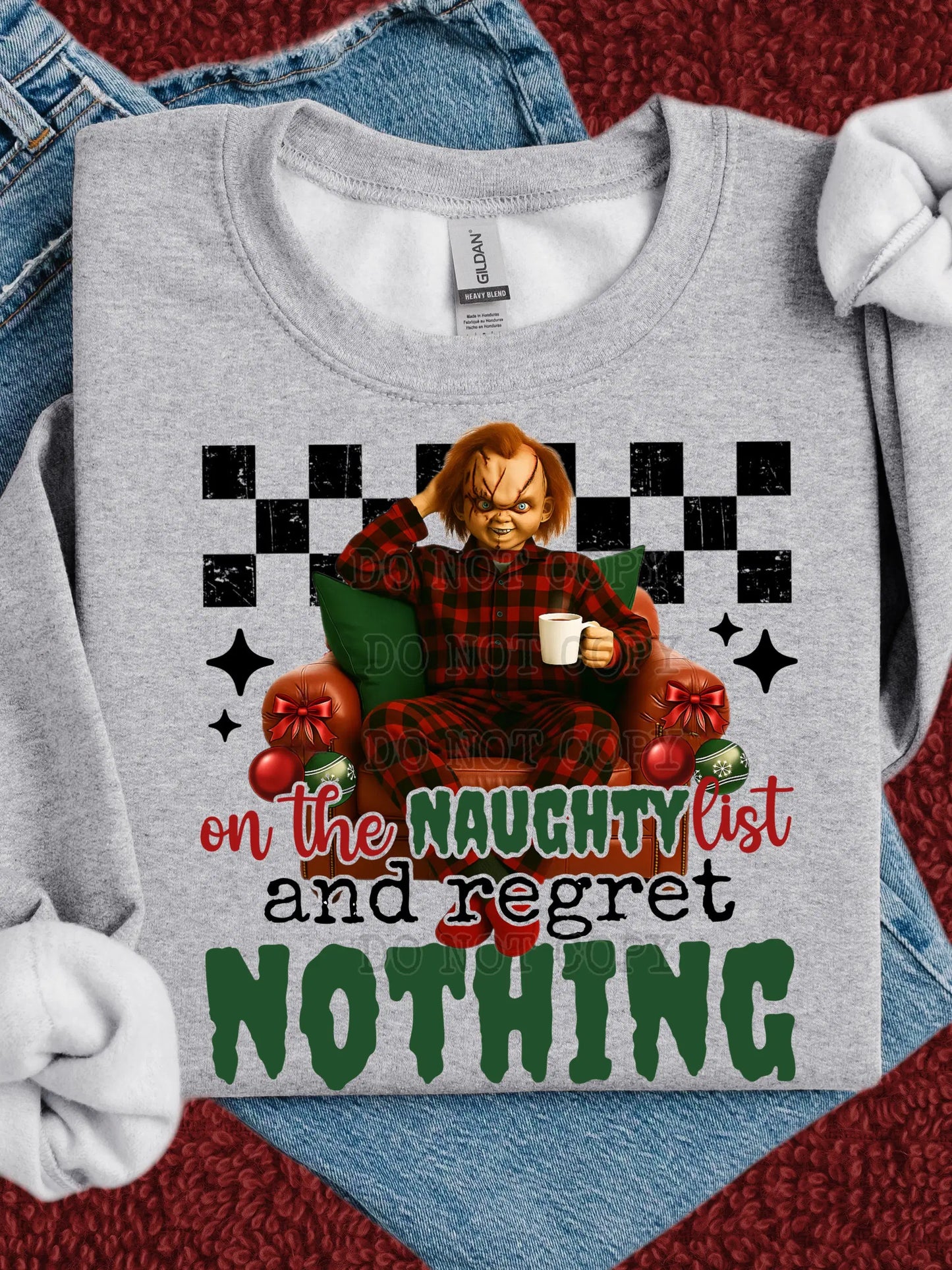 Funny Chucky Christmas Sweatshirt - "On the Naughty List" Holiday Crewneck