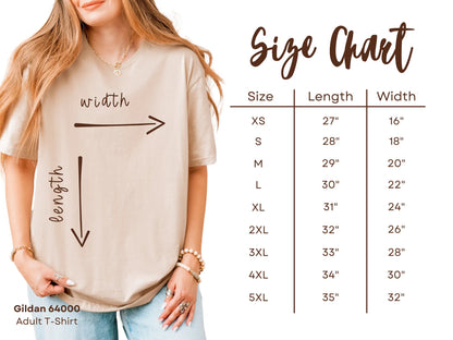 Gildan 64000 T-Shirt Size Chart Mockup: Length and Width Guide for XS-5XL Sizes