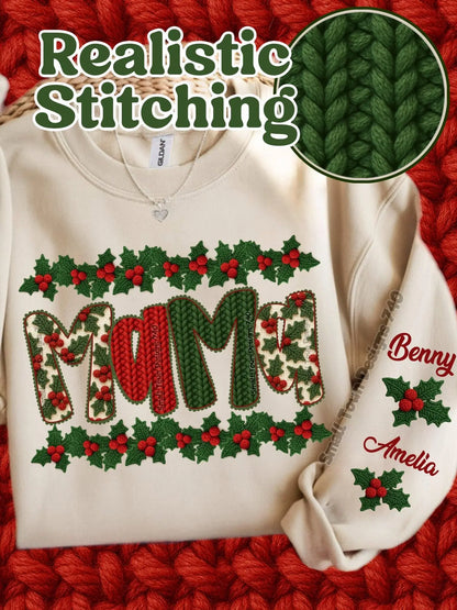 Personalized Mama Christmas Sweatshirt with Custom Names: "Benny", "Amelia", knitted style