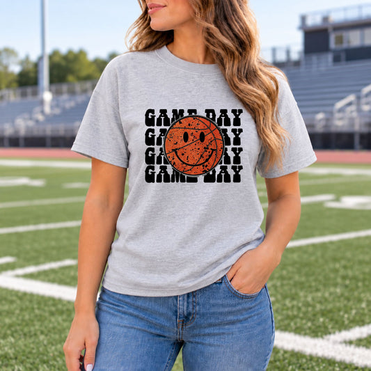 Heather gray basketball smiley graphic T-shirt, crew neck, short sleeves