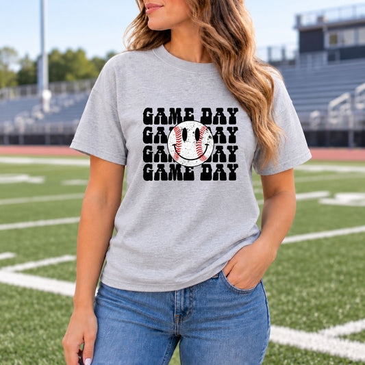 Heather gray baseball T-shirt with smiley baseball graphic on chest