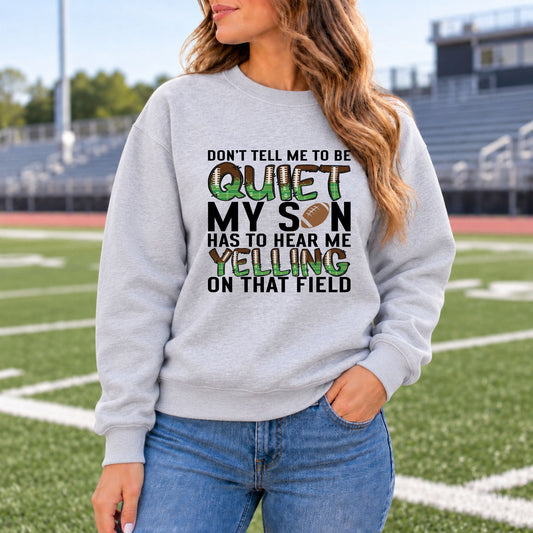 Grey crewneck sweatshirt with large 'Quiet' football graphic on front
