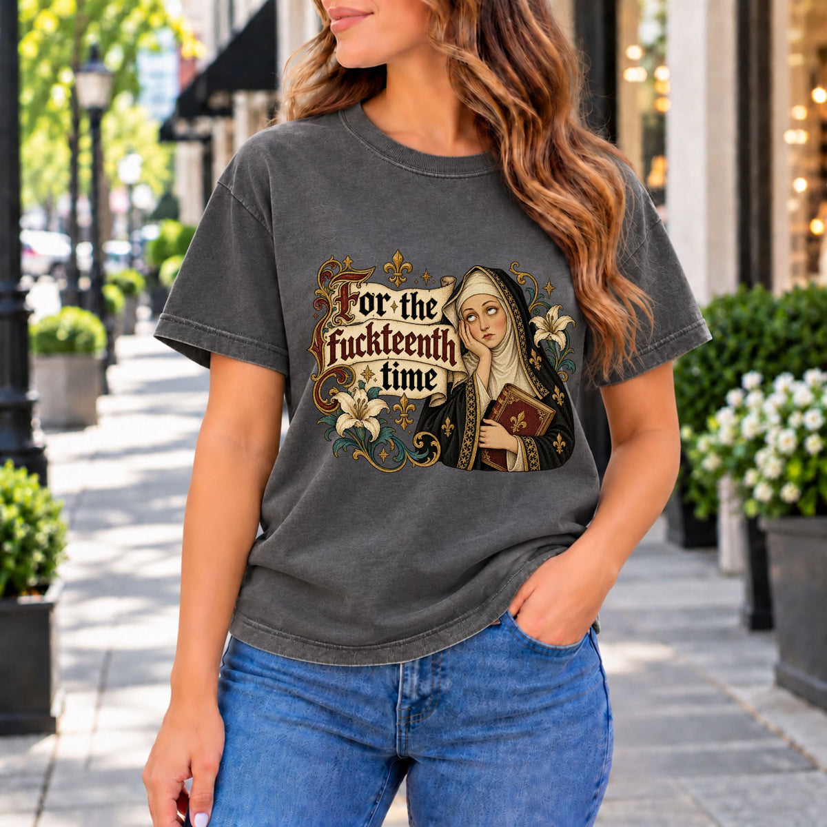 Dark gray vintage graphic t-shirt with front nun portrait and ornate text print