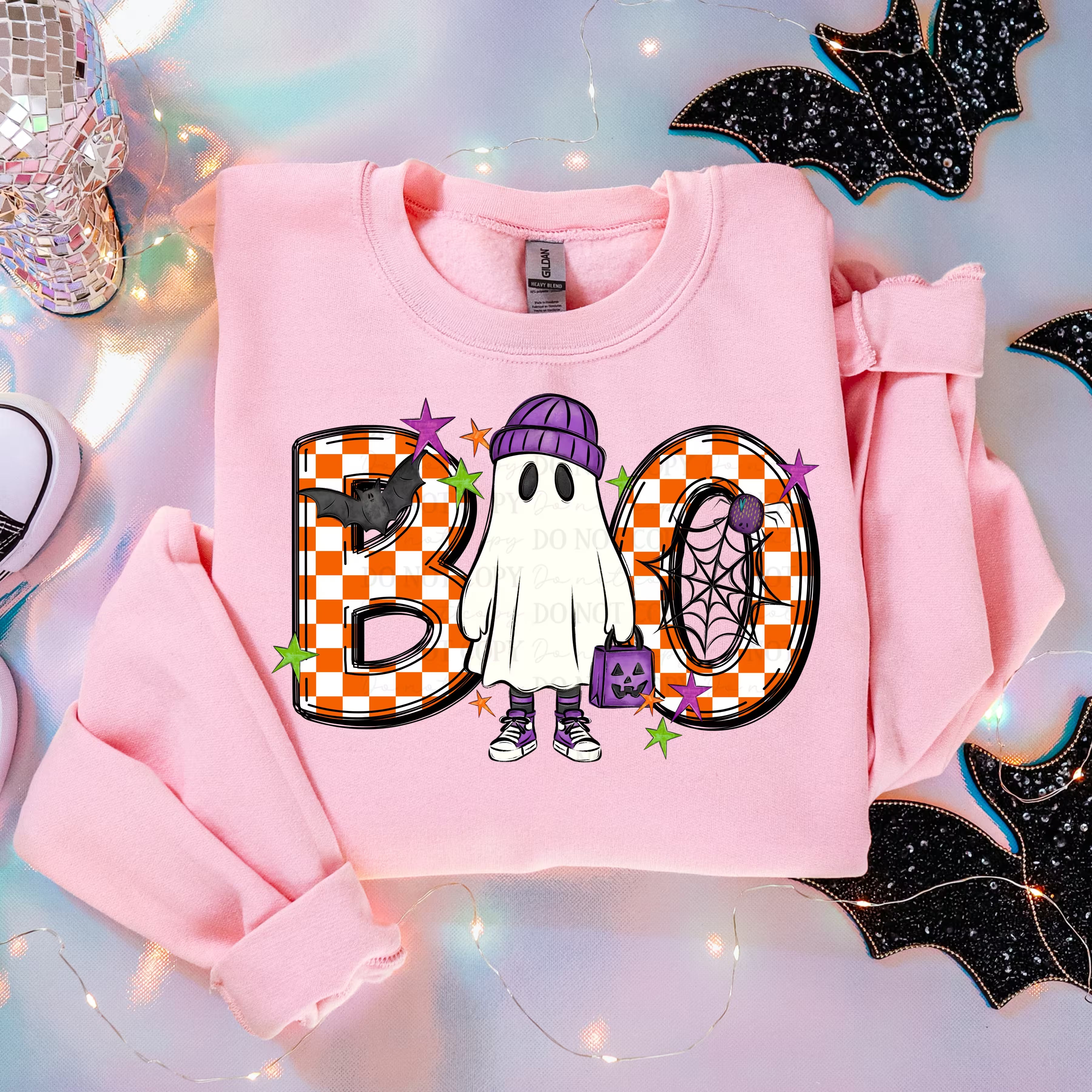 Cute BOO Ghost Halloween Sweatshirt | Orange Checkered BOO Graphic Crewneck