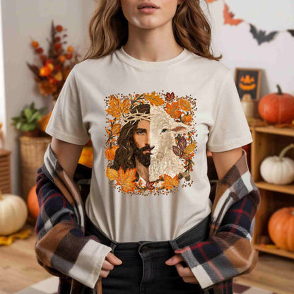 Person wearing a white t-shirt with a graphic design of a wolf and a person's face surrounded by autumn leaves and pumpkins.
