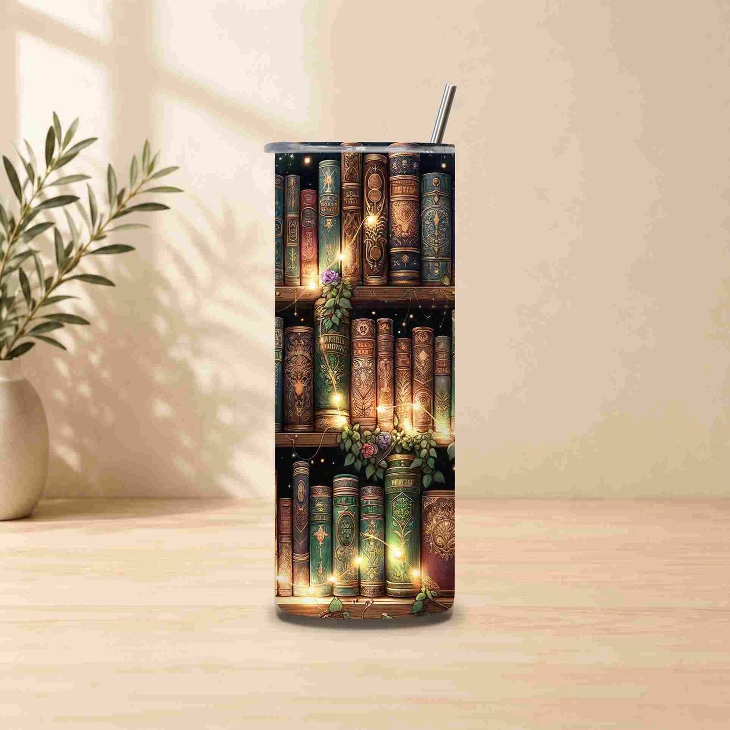Tumbler with bookshelf design featuring books and lights on a wooden surface.