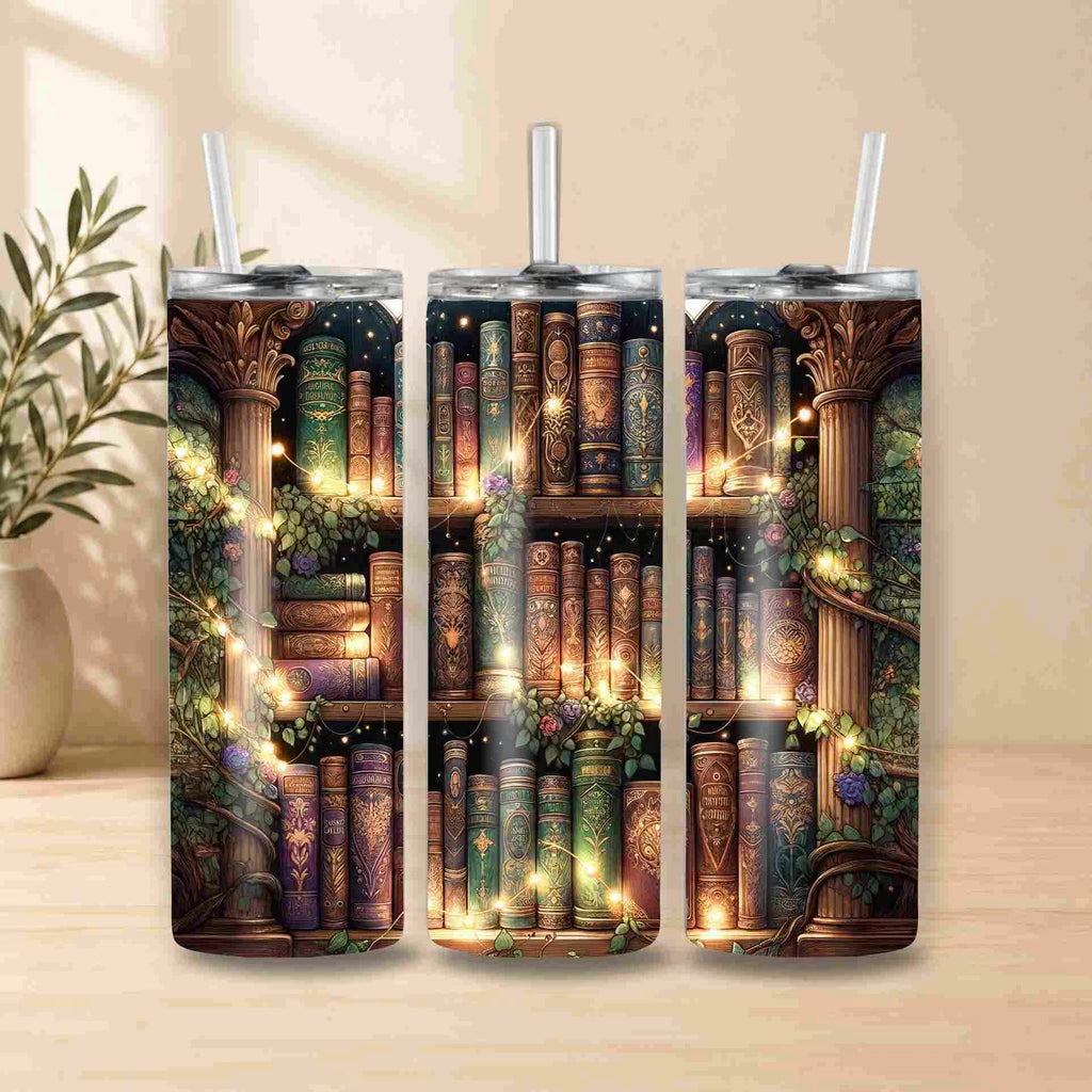 Three tumbler with a design of a magical library on a wooden surface.