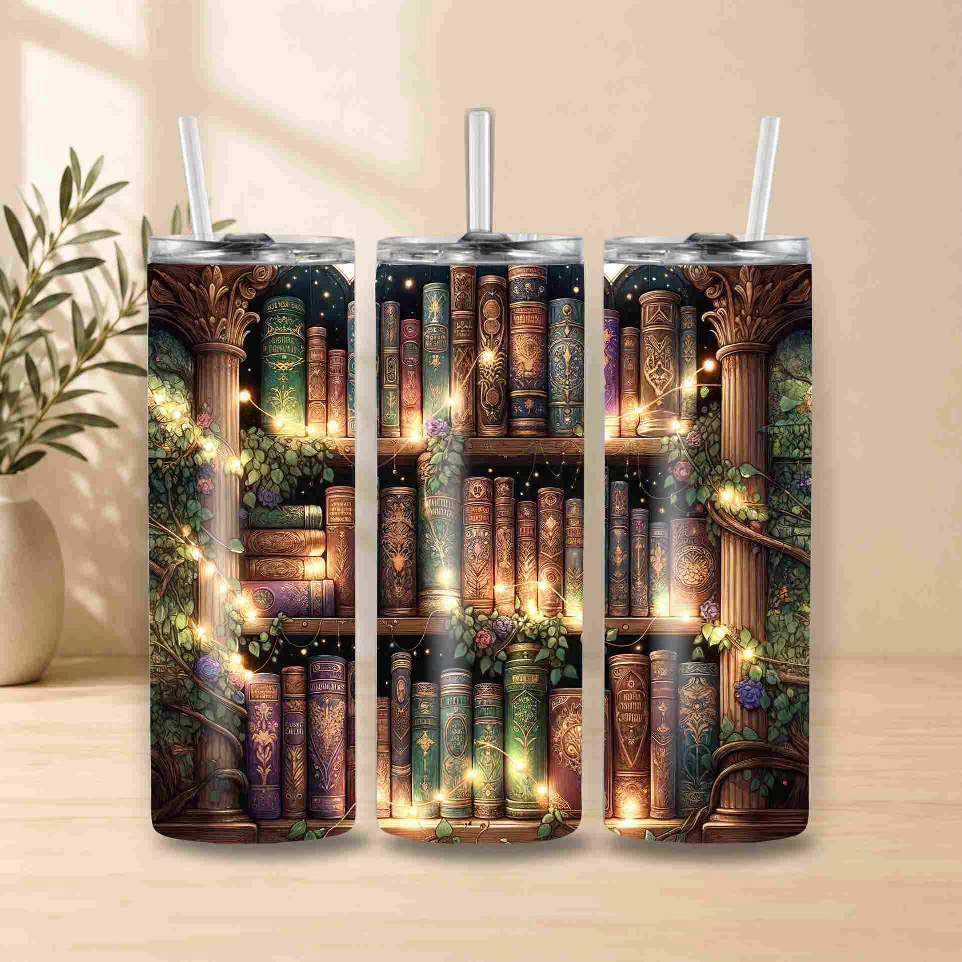 Three tumbler with a design of a magical library on a wooden surface.