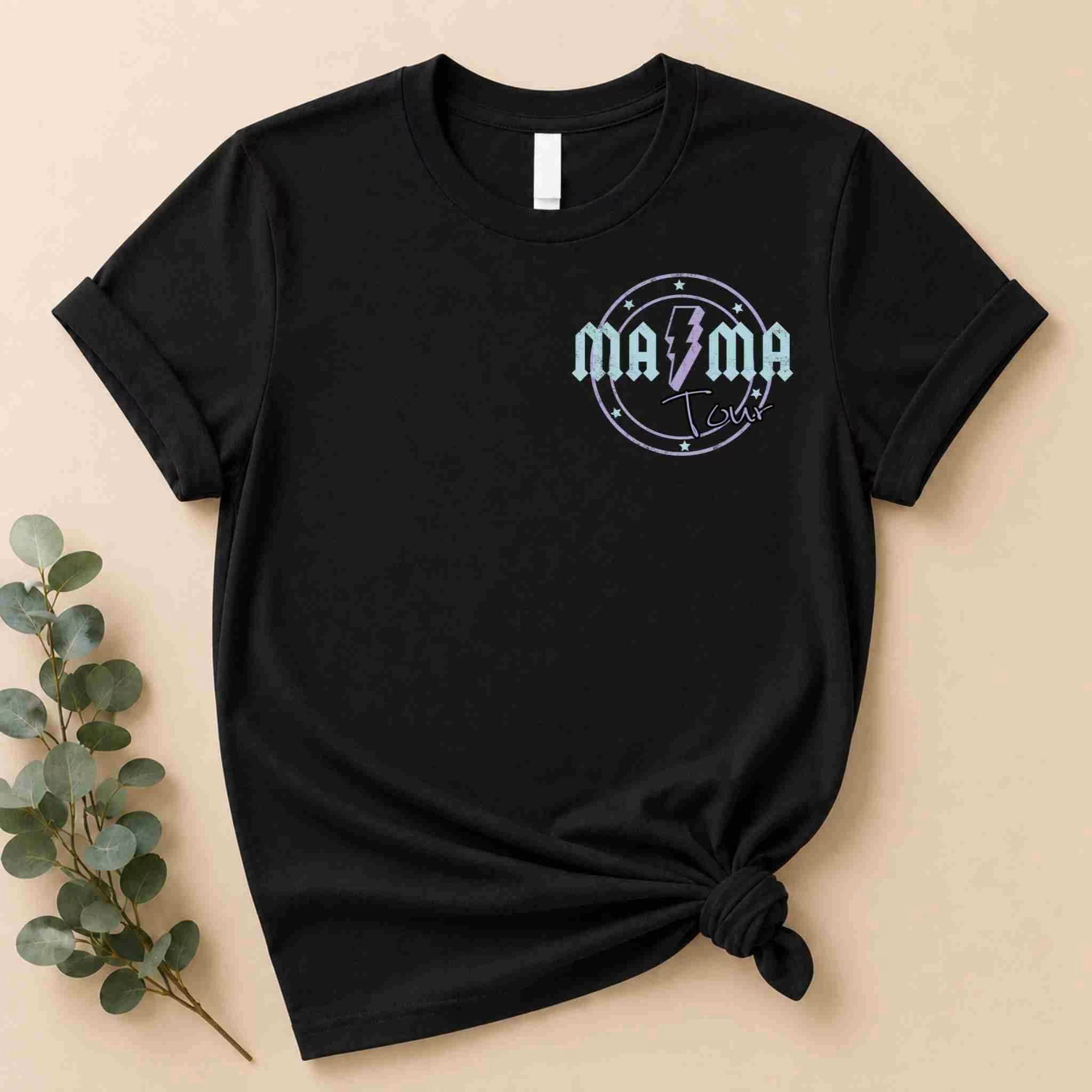 Black t-shirt with 'Mama' graphic design on a beige background