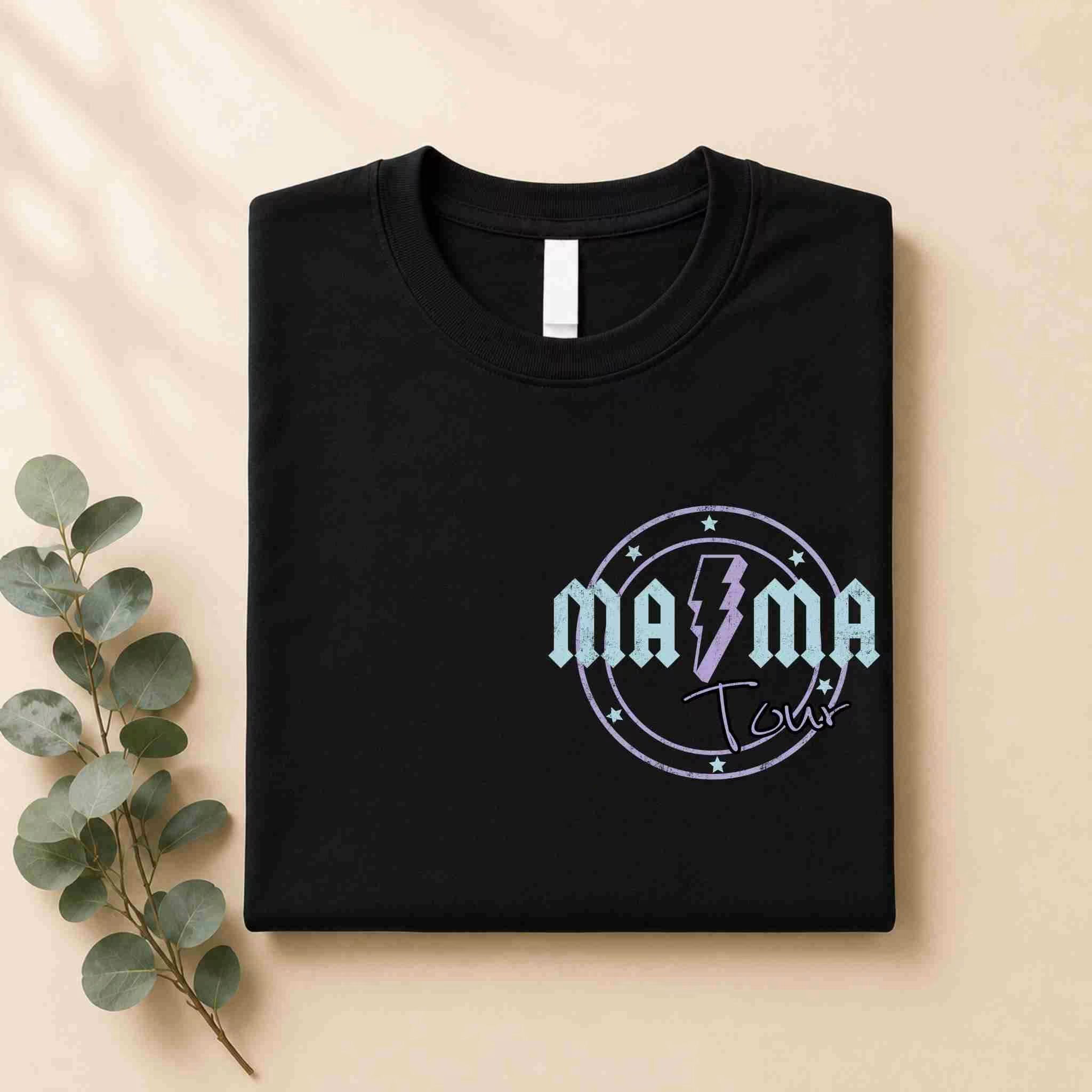 Black t-shirt with 'Mama' design on a beige background