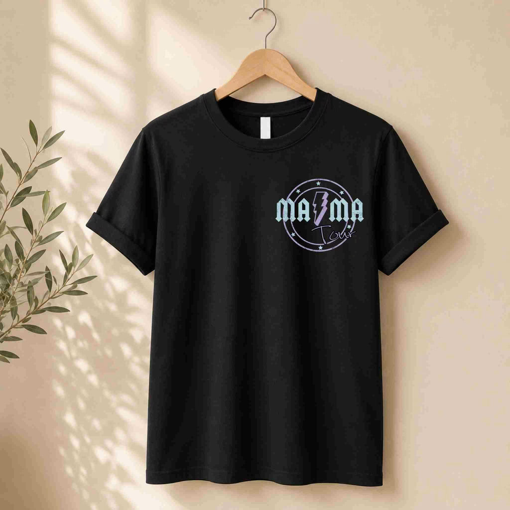 Black t-shirt with 'Mama' graphic on a hanger against a light background