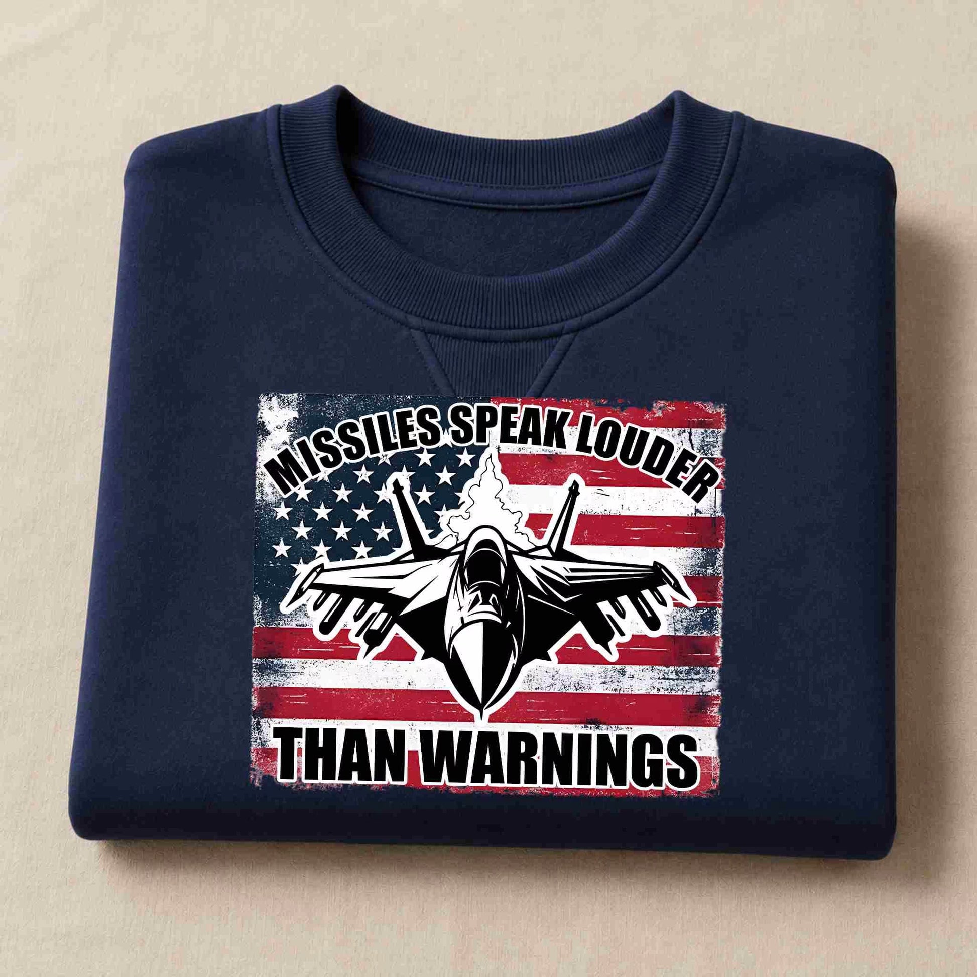 Navy blue sweatshirt with a graphic design featuring an airplane and text on a beige background