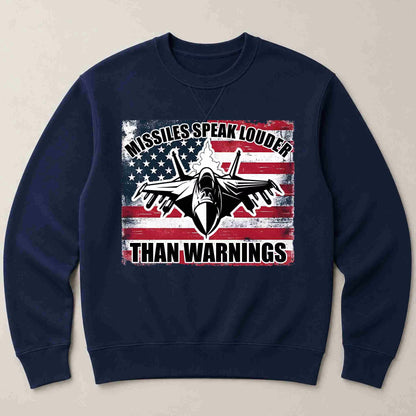 Navy blue sweatshirt with American flag graphic and text on a beige background