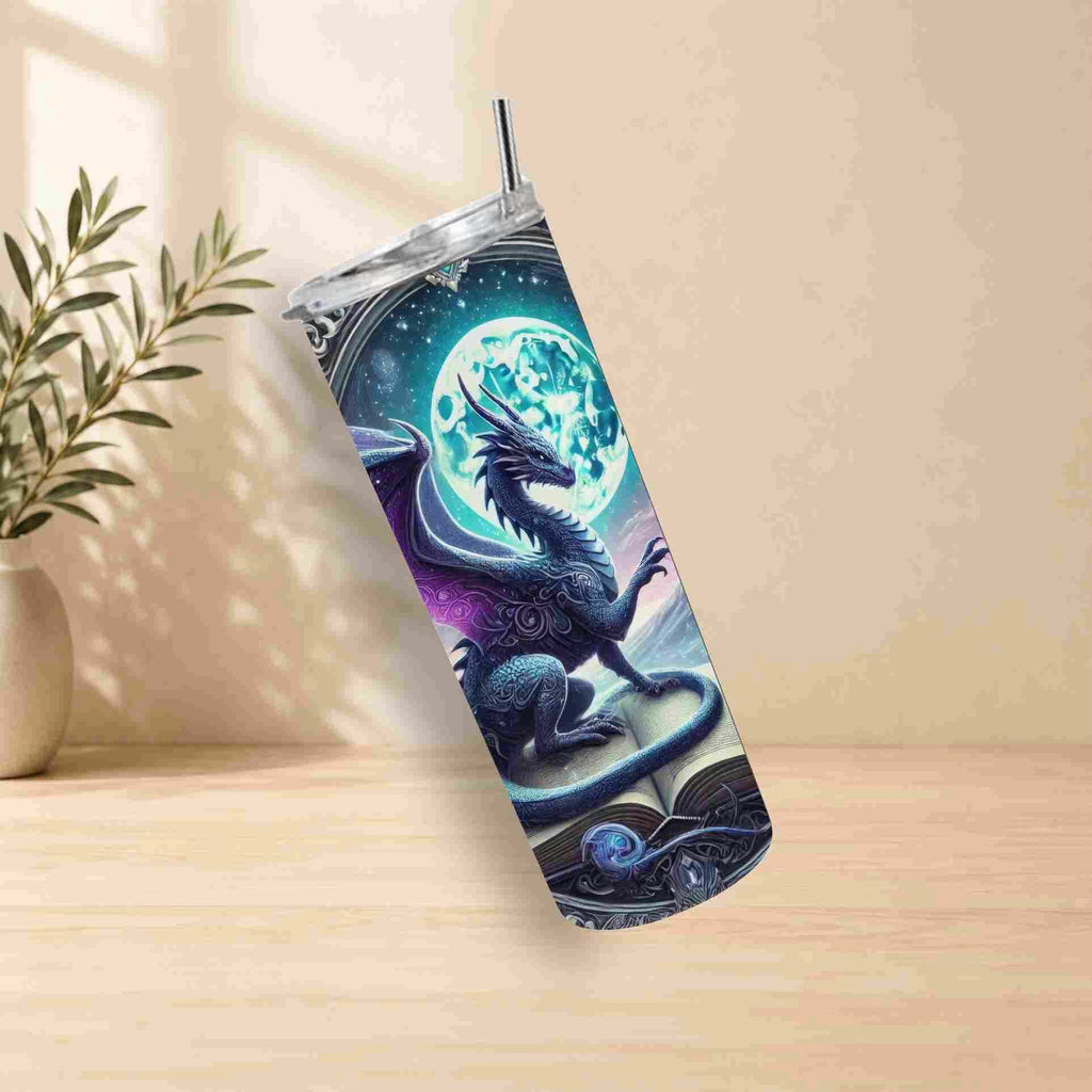 Tumbler with dragon design on a wooden surface with a plant in the background