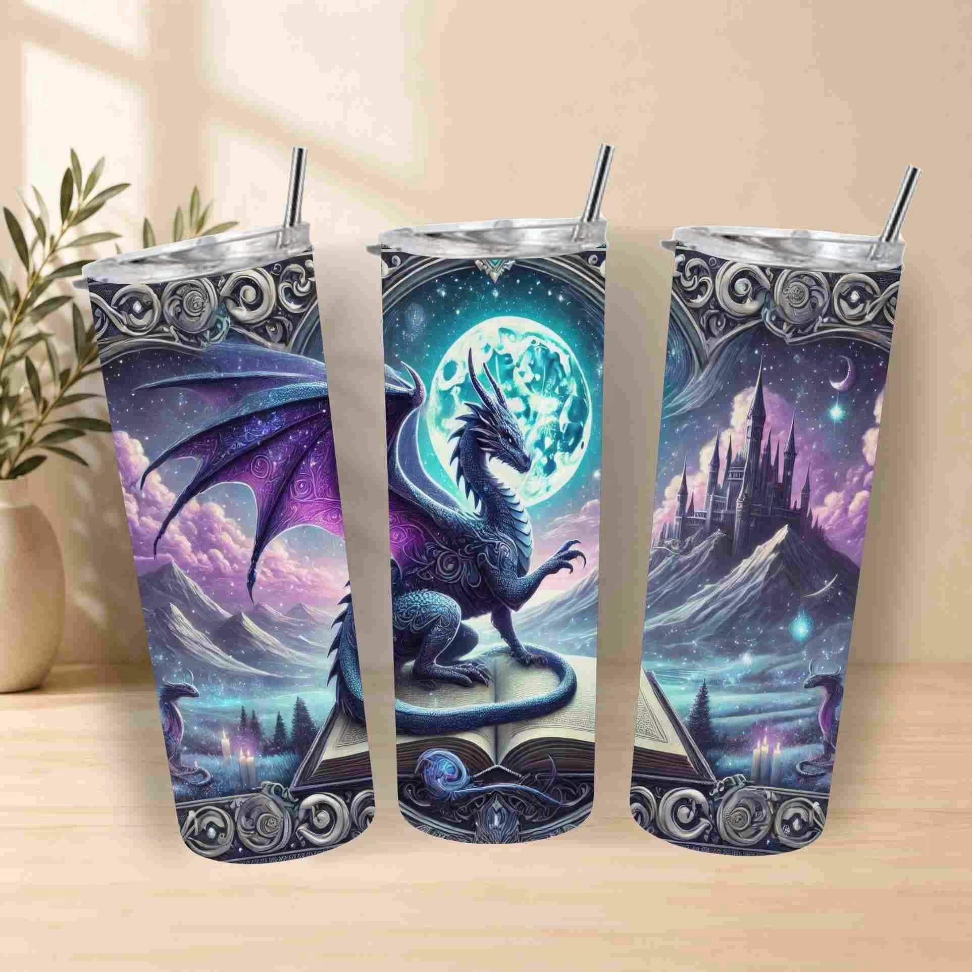 Three tumbler designs featuring dragons and fantasy landscapes on a wooden surface.