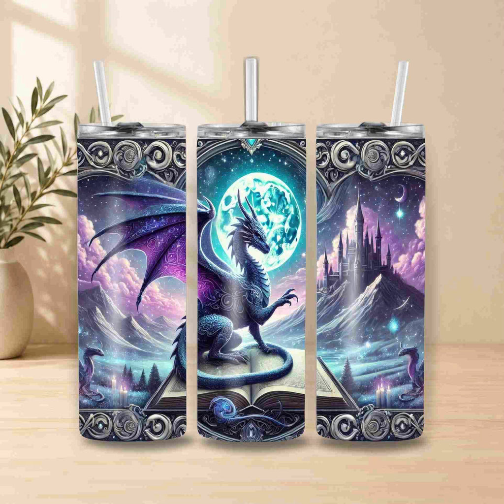 Tumbler with dragon design on a wooden surface