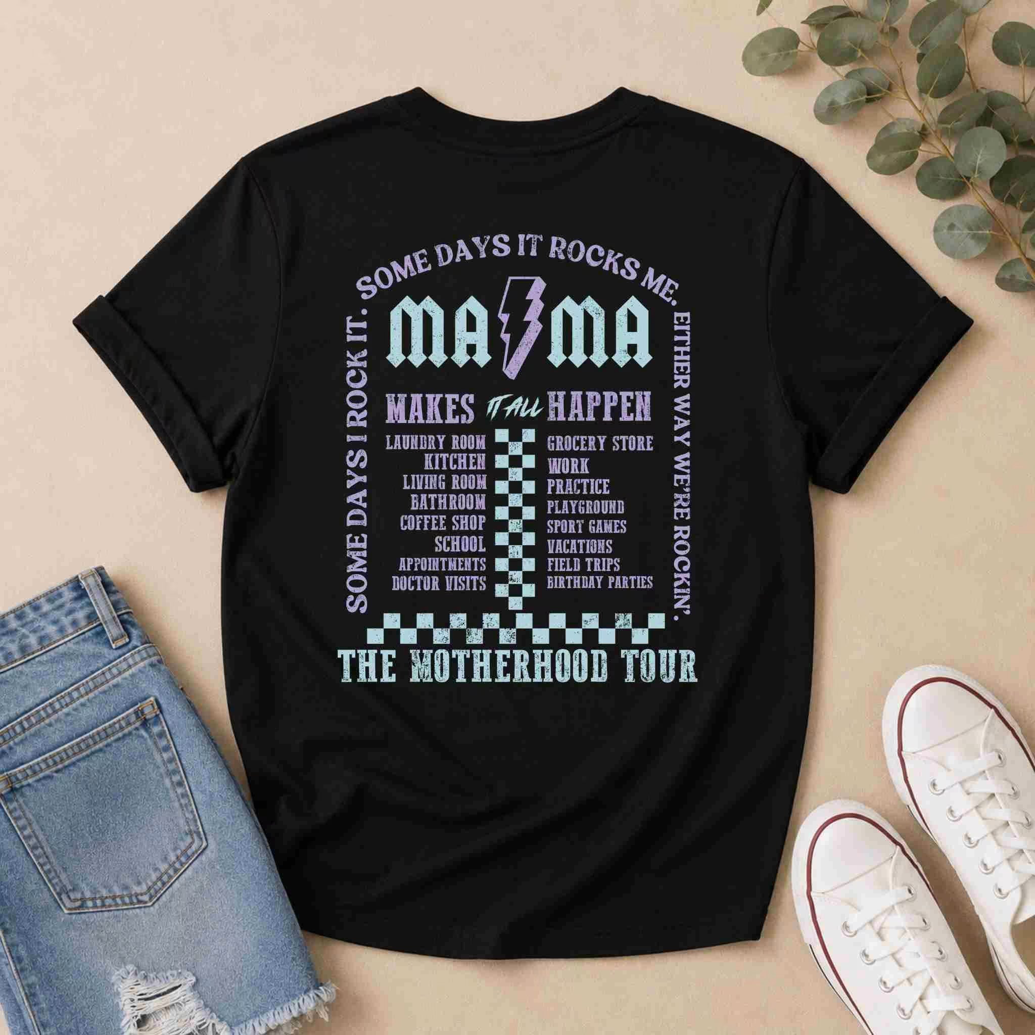 Black t-shirt with graphic design and text on a beige background