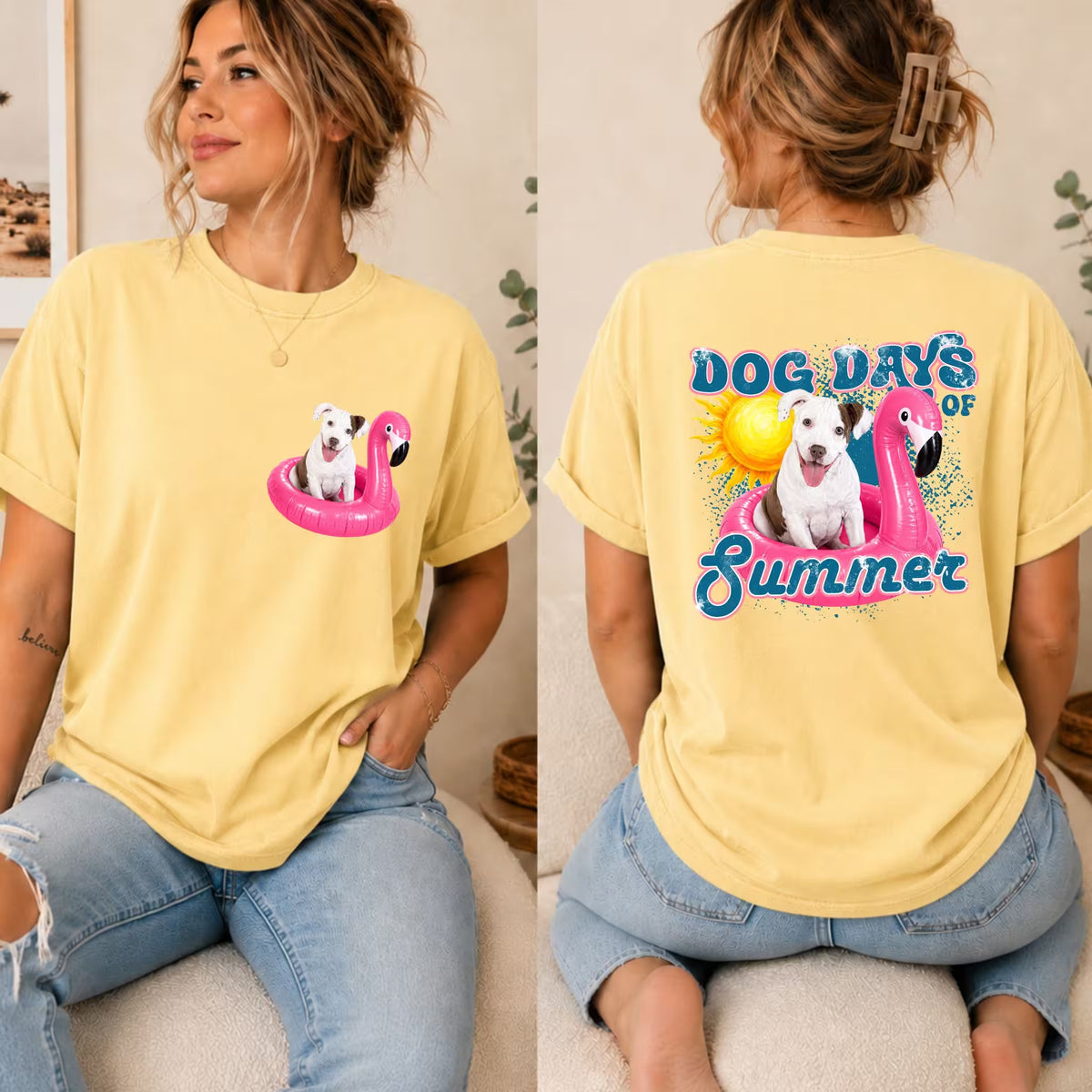 Yellow graphic dog summer t-shirt with white dog on pink pool float, rear "SUMMER"