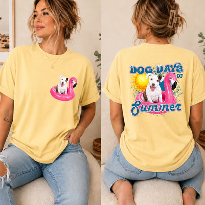 Yellow graphic dog summer t-shirt with white dog on pink pool float, rear "SUMMER"