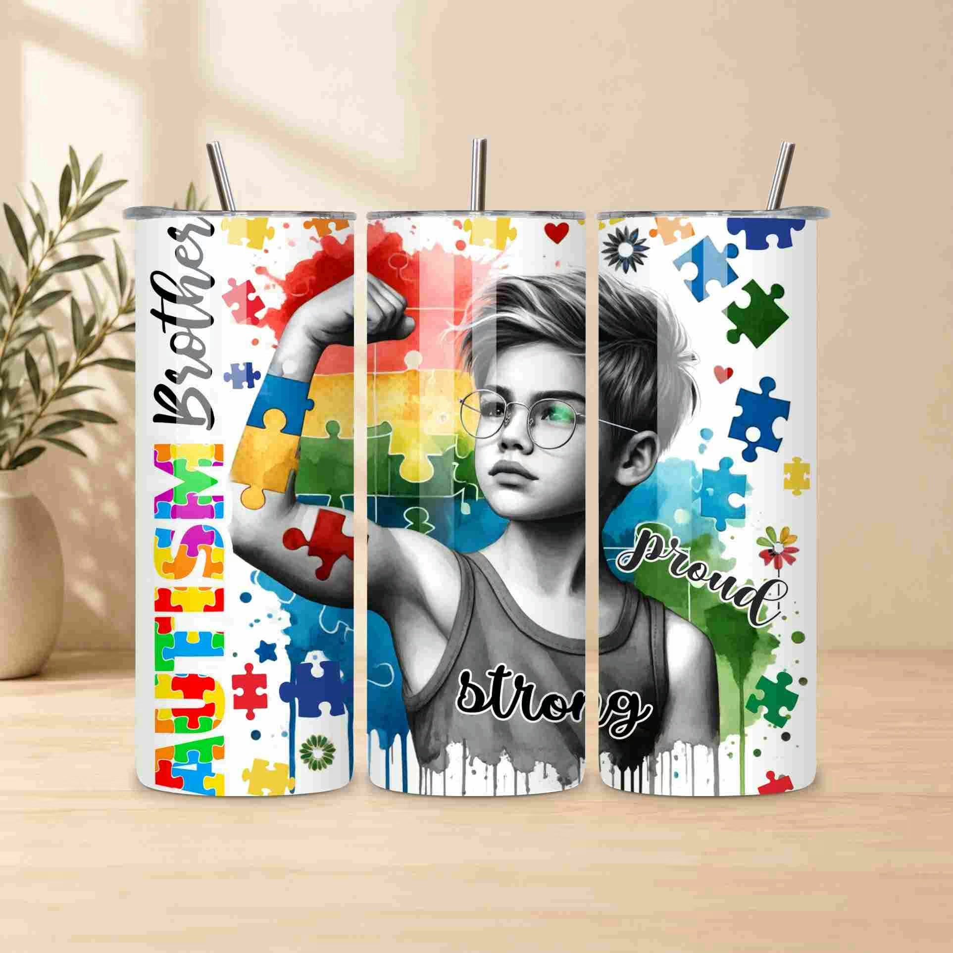 Tumbler with autism awareness design featuring a child and colorful puzzle pieces.