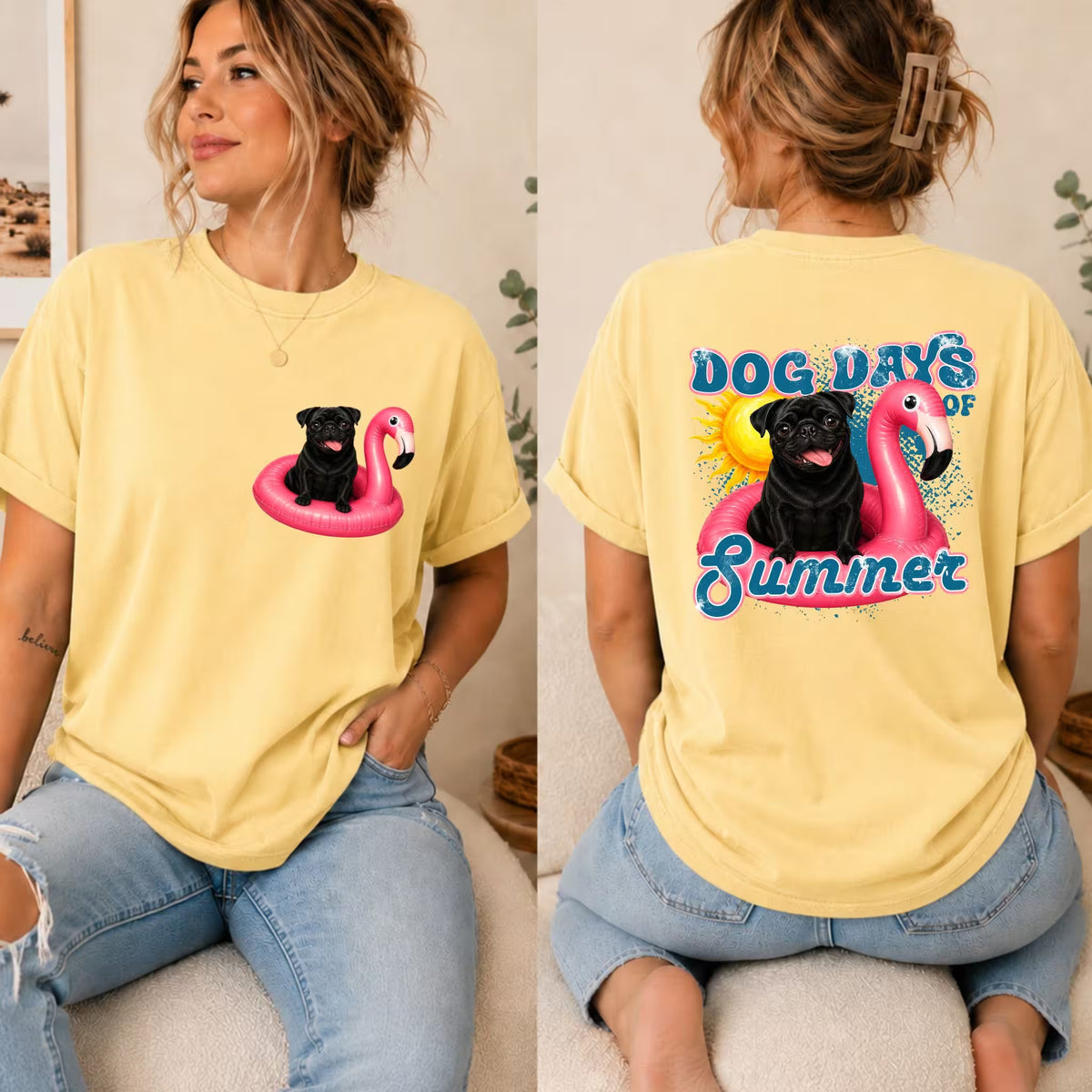 Yellow graphic dog summer t-shirt with black dog on pink pool float, rear "DOG DAYS"