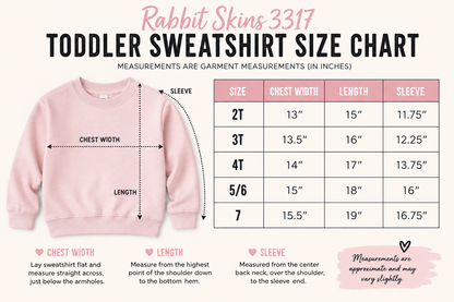 Toddler sweatshirt size chart with chest width, length, and sleeve measurements in inches
