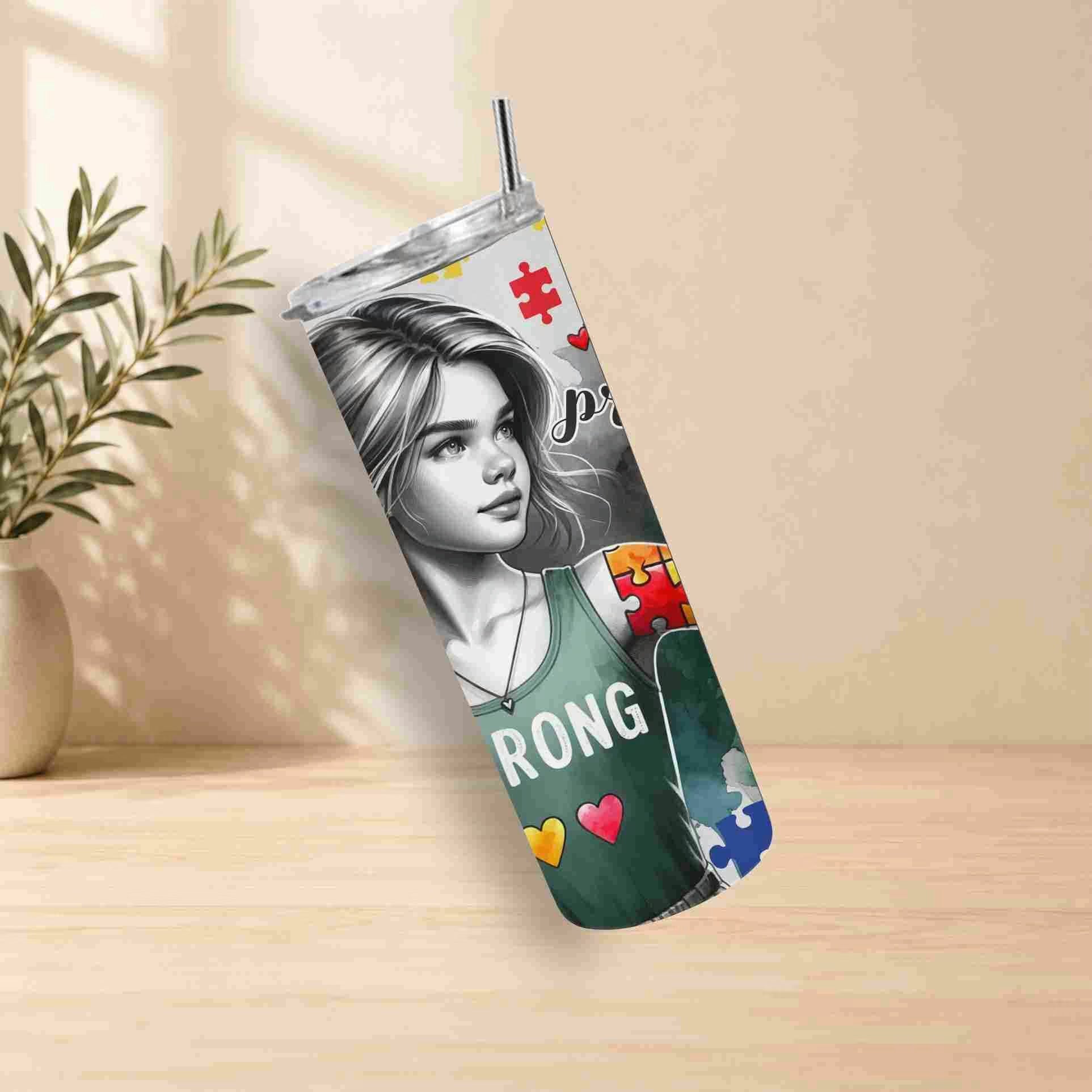 Tumbler with a design of a woman's face and text on a wooden surface with a plant in the background