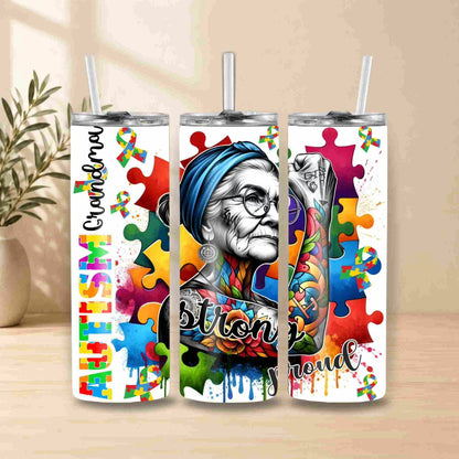 Three tumblers with a design of an elderly woman and autism awareness symbols on a wooden surface.