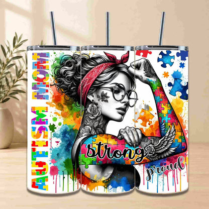 Tumbler with a colorful design featuring a woman, text, and puzzle pieces on a wooden surface.
