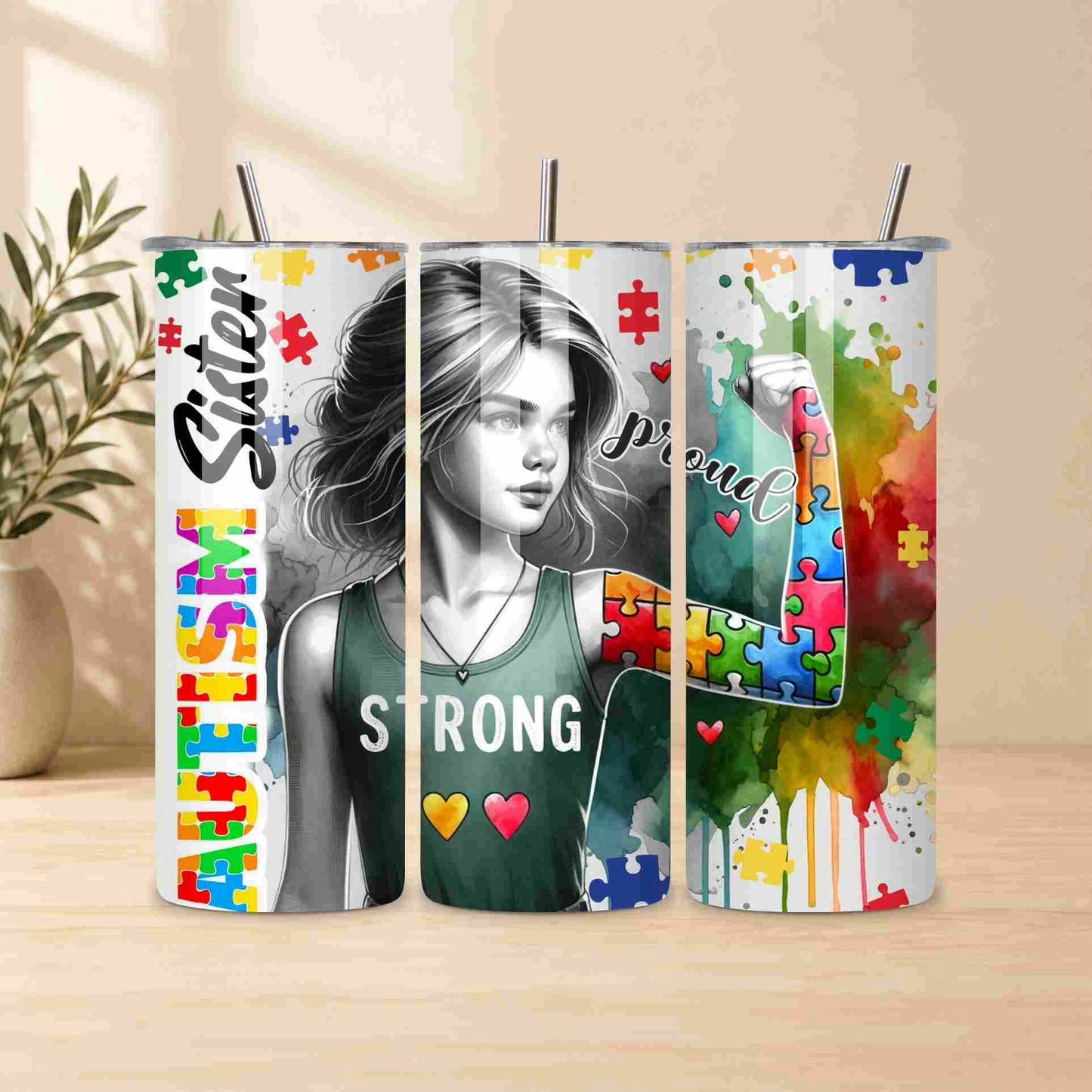 Three tumbler designs featuring a woman with autism awareness symbols on a wooden surface.
