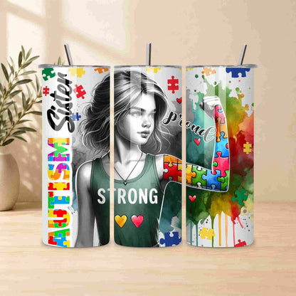 Three tumbler designs featuring a woman with autism awareness symbols on a wooden surface.