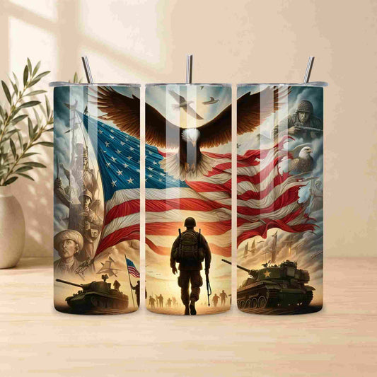 Decorative Tumbler with military-themed design featuring an American flag, eagle, soldier, and tanks on a wooden surface.