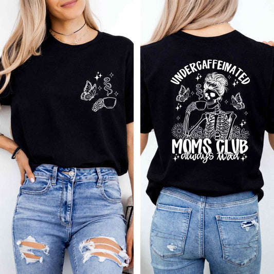 Black t-shirt with skeleton design and text worn by a person, displayed from front and back views.