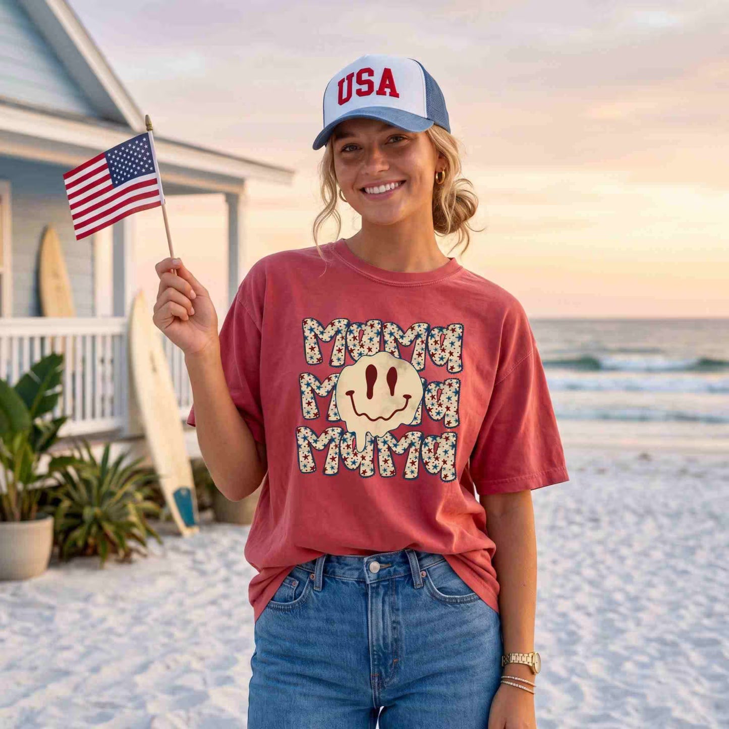Patriotic Mama Smiley Graphic Tee – Vintage Fourth of July Shirt
