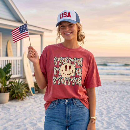 Patriotic Mama Smiley Graphic Tee – Vintage Fourth of July Shirt