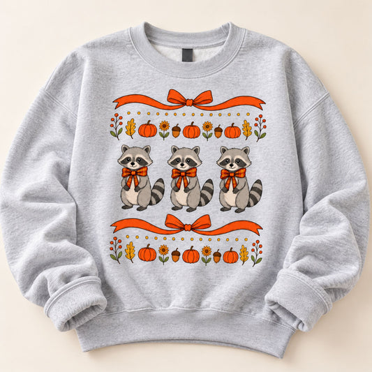 Cute Fall Raccoon Bow Graphic Crewneck Sweatshirt