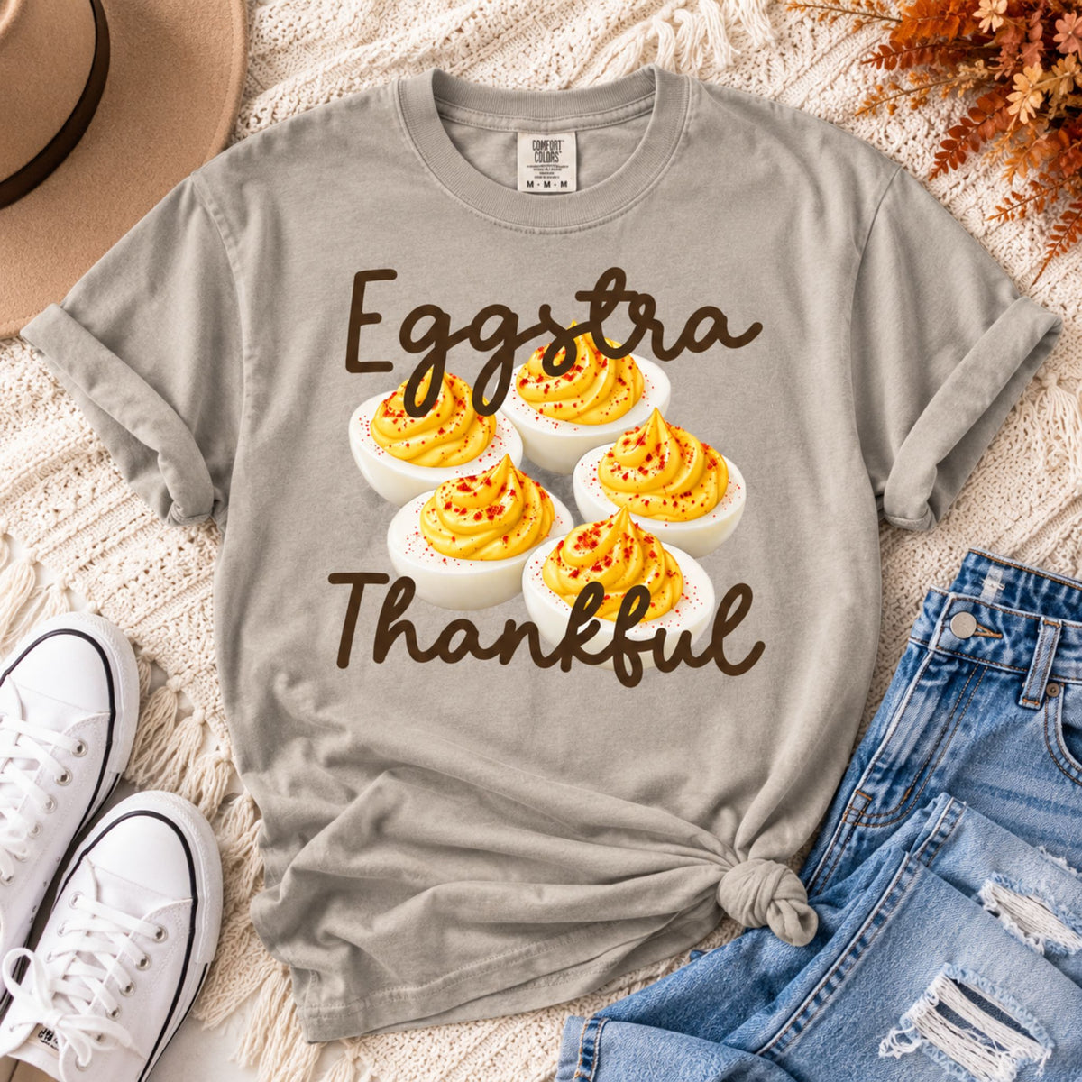 Eggstra Thankful Deviled Eggs Thanksgiving Graphic Tee