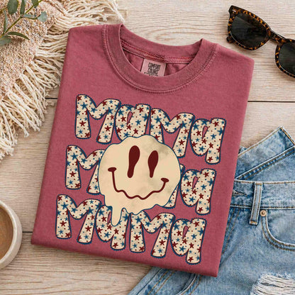 Patriotic Mama Smiley Graphic Tee – Vintage Fourth of July Shirt