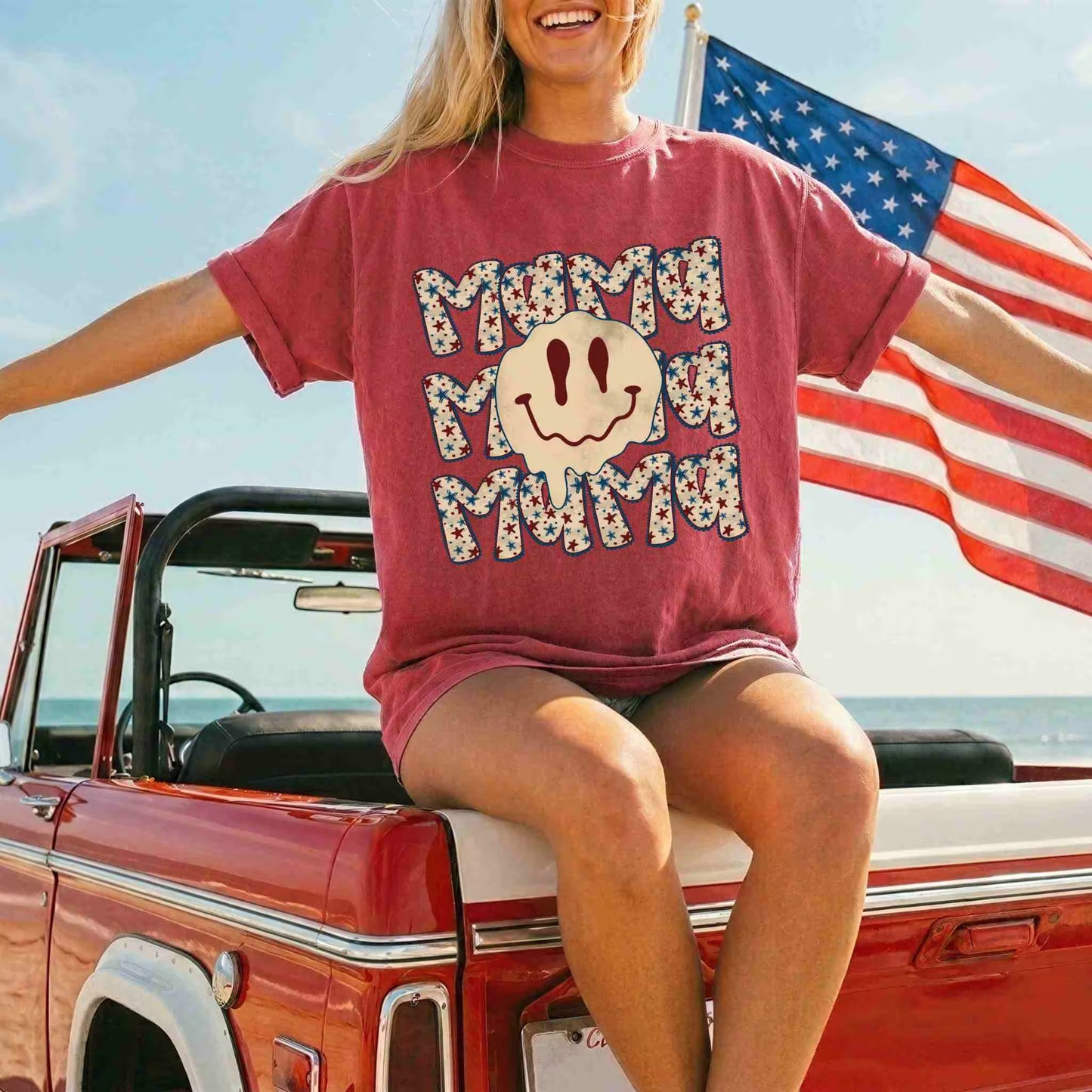 Patriotic Mama Smiley Graphic Tee – Vintage Fourth of July Shirt