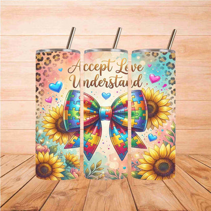 Becca's Banging Designs LLC presents the Autism Awareness Sunflower Tumbler Set: three 20oz stainless steel cups with sunflowers, hearts, cheetah print, and a puzzle bow. "Accept Love Understand" supports autism awareness.