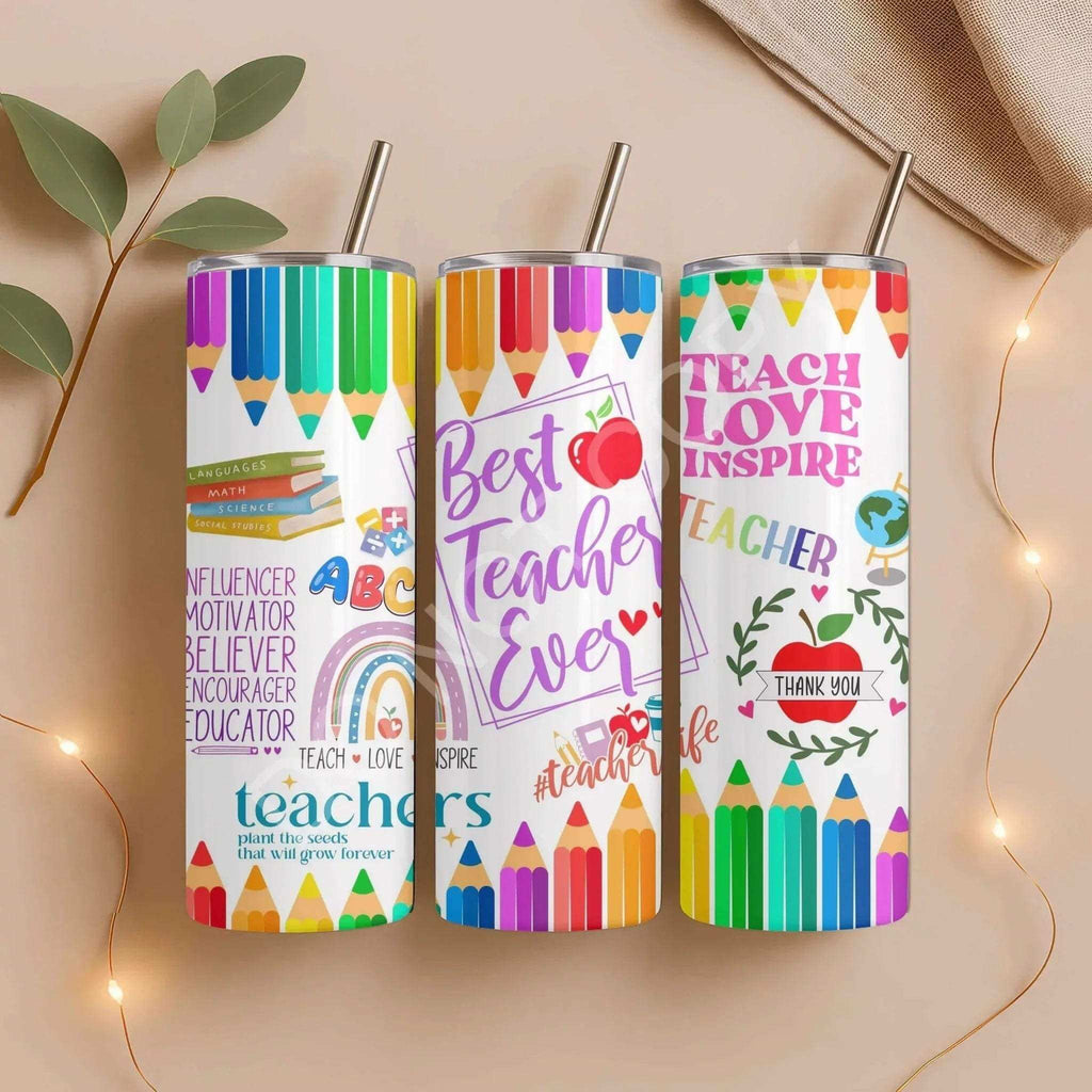 Colorful Best Teacher Ever tumblers with motivational designs, perfect gift for educators.
