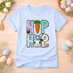 Easter Bunny HOP Shirt featuring a playful bunny in a blue cap and a carrot detail, perfect for spring celebrations.