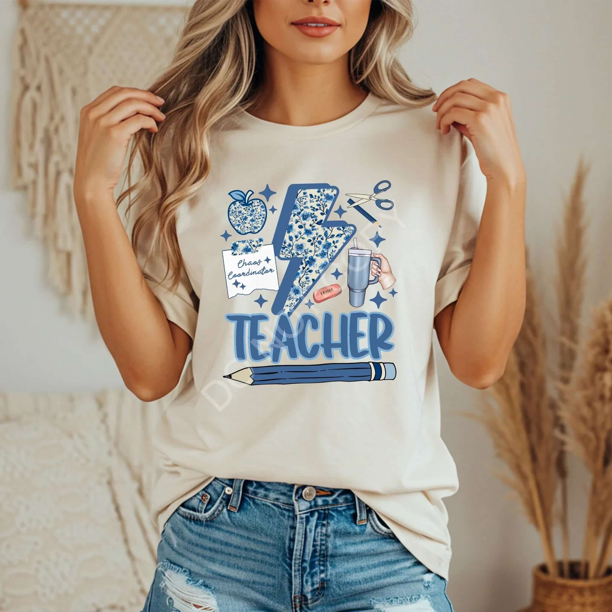 Bright Minds Apparel Blue Teacher Tee – Floral Lightning Bolt Design – Inspiring Classroom Graphic Shirt - Becca's Banging Designs