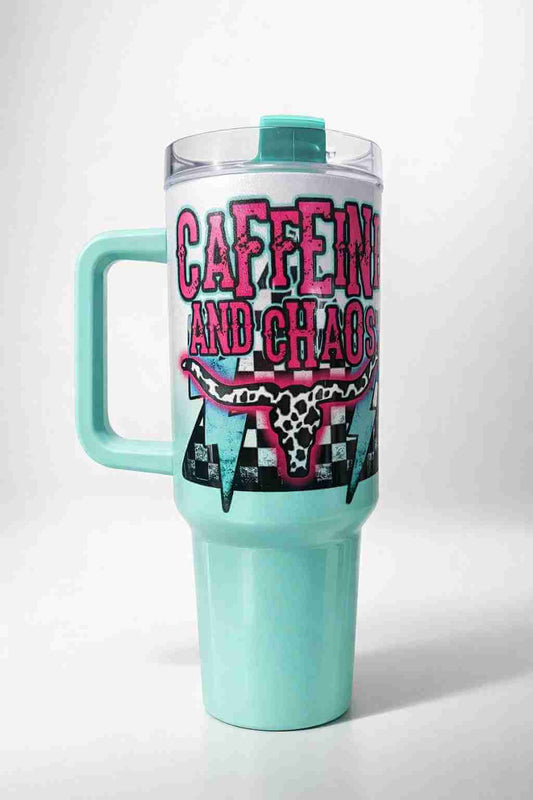 The Caffeine & Chaos 40 oz Tumbler by Becca's Banging Designs LLC features mint green stainless steel, a lid, western leopard longhorn art, and bold pink-and-black lettering for a stylish, edgy look.