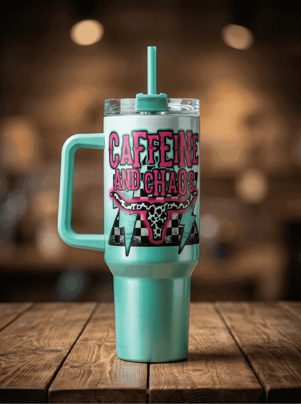 A mint green 40 oz Caffeine & Chaos tumbler by Becca's Banging Designs LLC with handle and straw sits on a wooden table, featuring a western leopard longhorn design and “CAFFEINE AND CHAOS” lettering. The background is softly blurred.