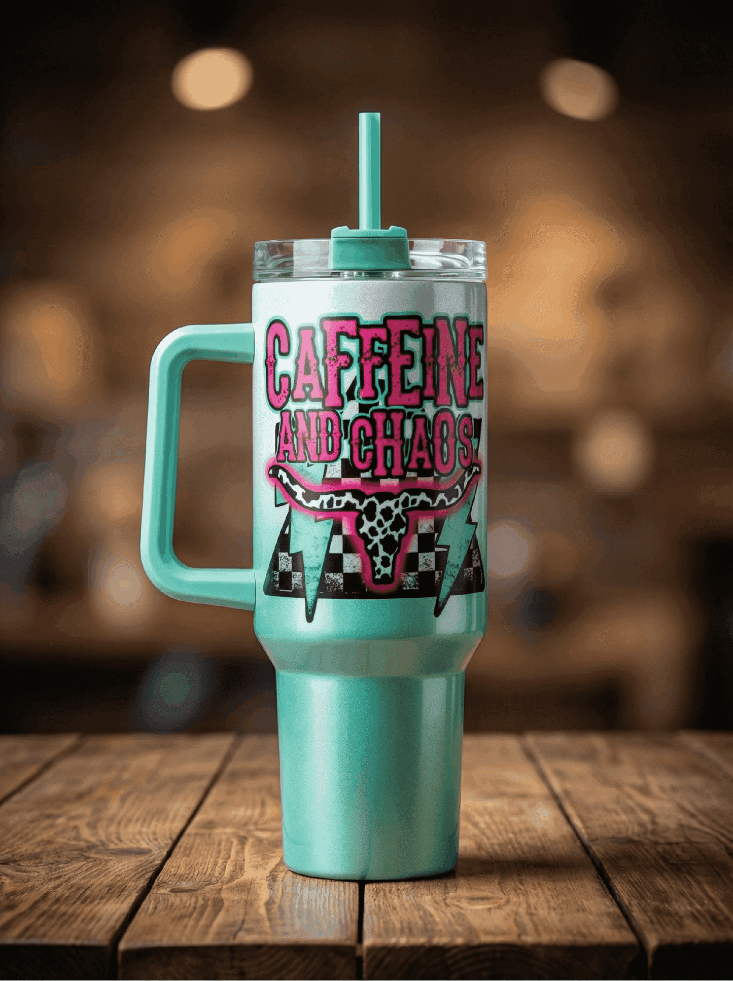 A mint green 40 oz Caffeine & Chaos tumbler by Becca's Banging Designs LLC with handle and straw sits on a wooden table, featuring a western leopard longhorn design and “CAFFEINE AND CHAOS” lettering. The background is softly blurred.
