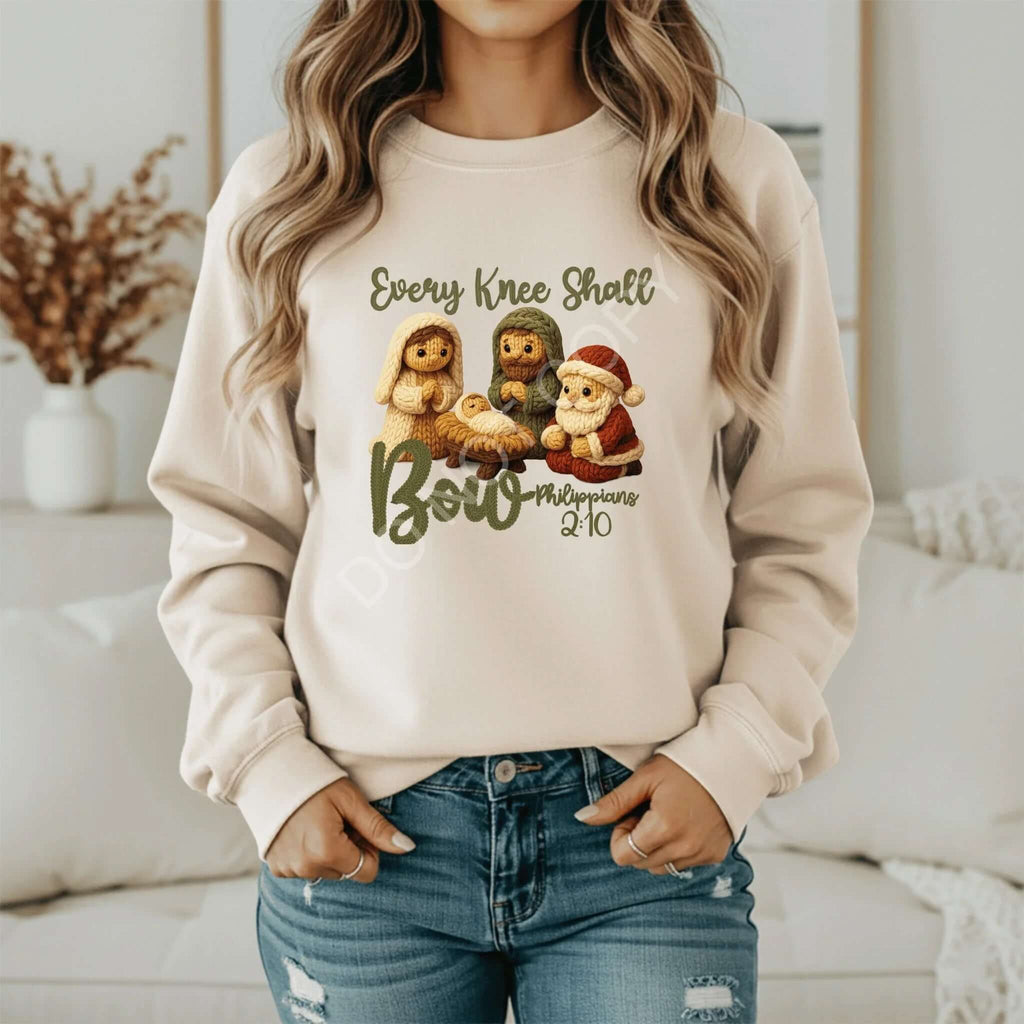 Christian Nativity Sweatshirt “Every Knee Shall Bow” – Faith Christmas Crewneck – Holiday Gift - Becca's Banging Designs